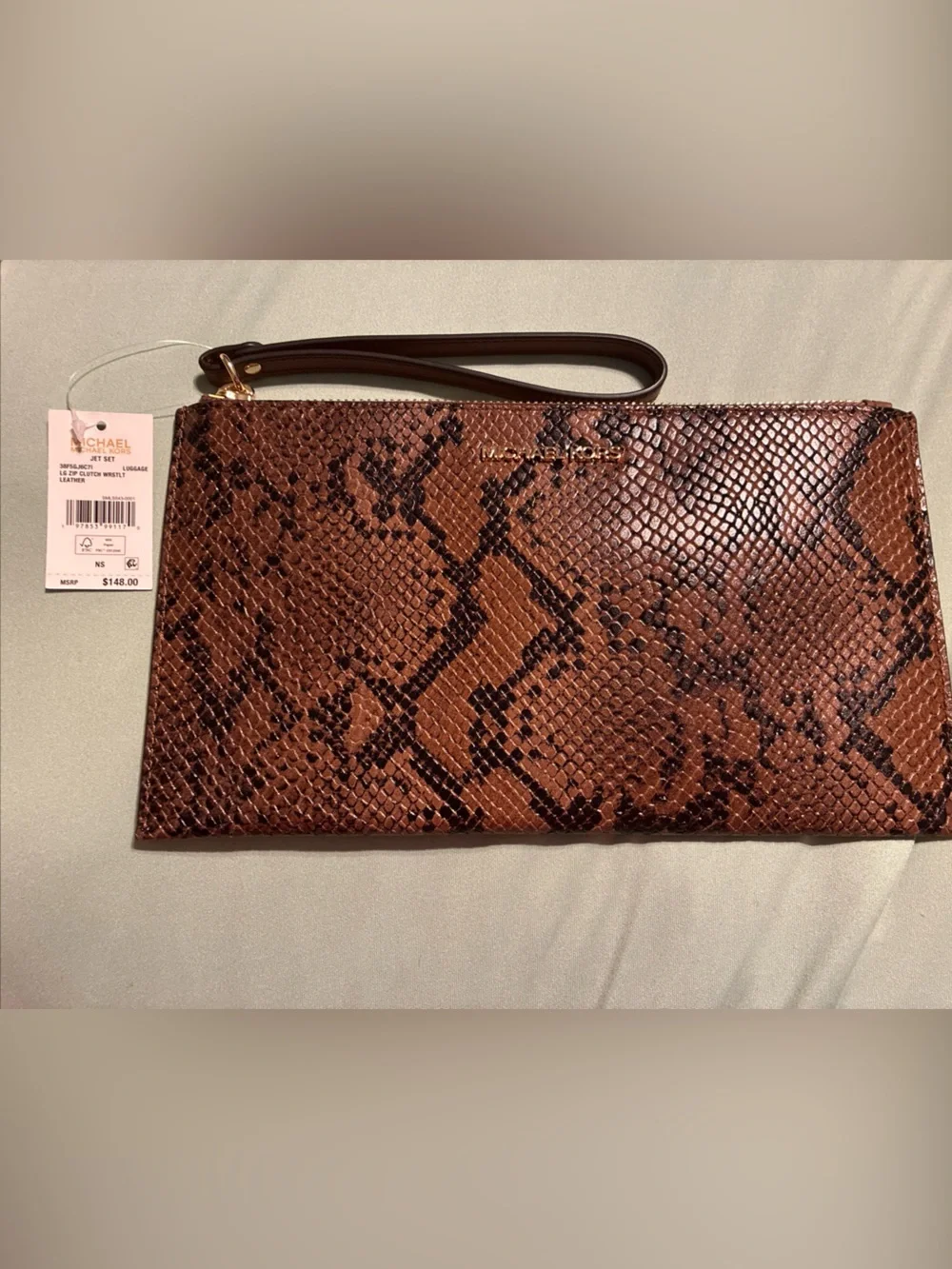 Michael Kors Brown Snake-Print Wristlet Clutch with Gold Hardware